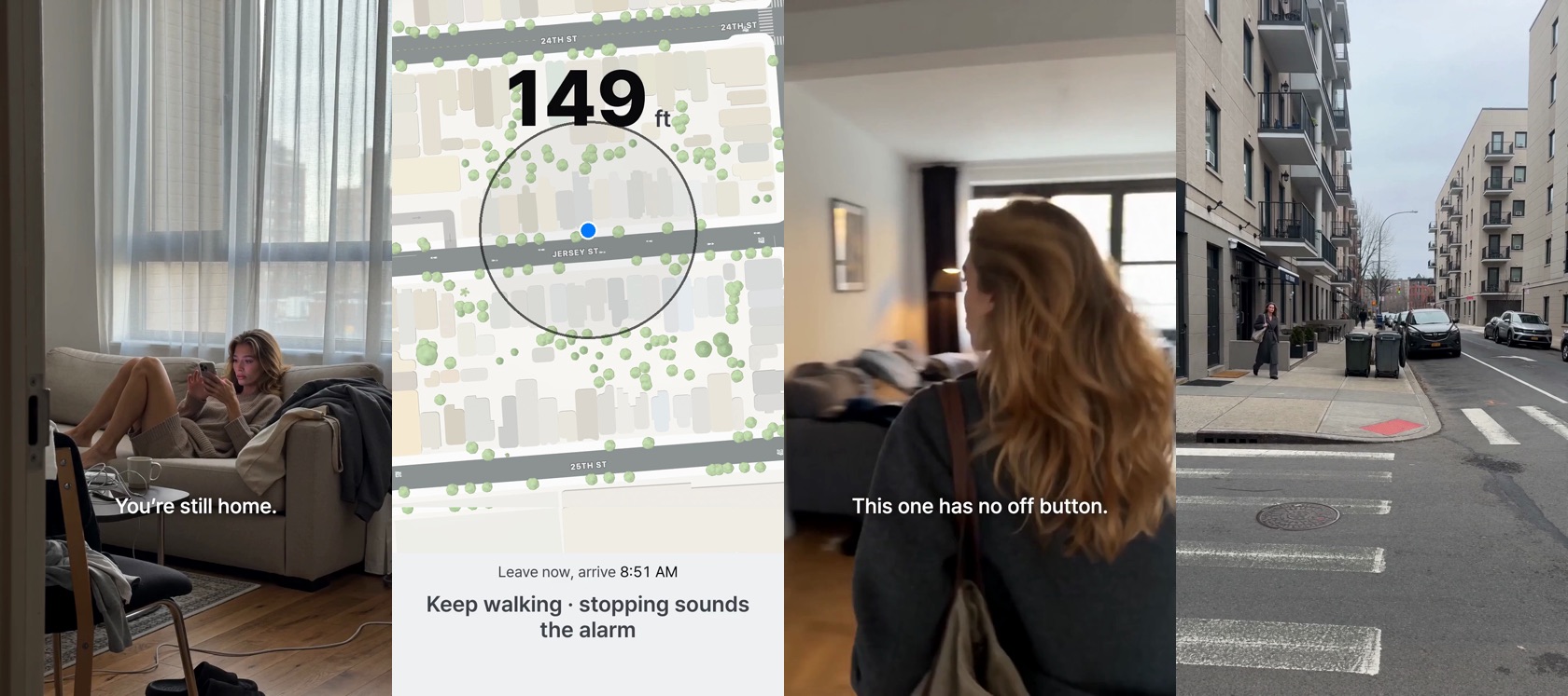 Four frames: on the couch, the alarm running with the distance on screen, walking out the door, the street