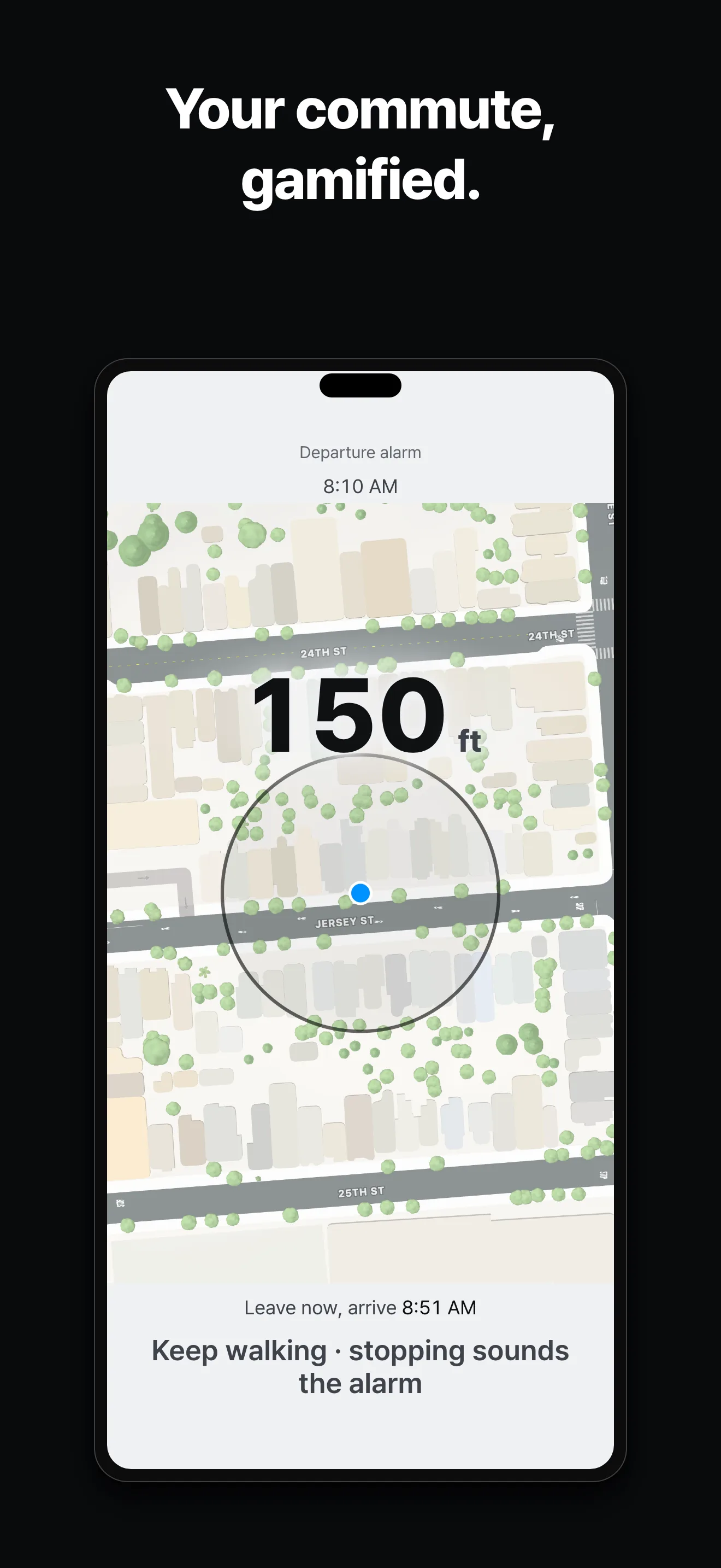 The mission screen: a live map with 150 feet left to clear.