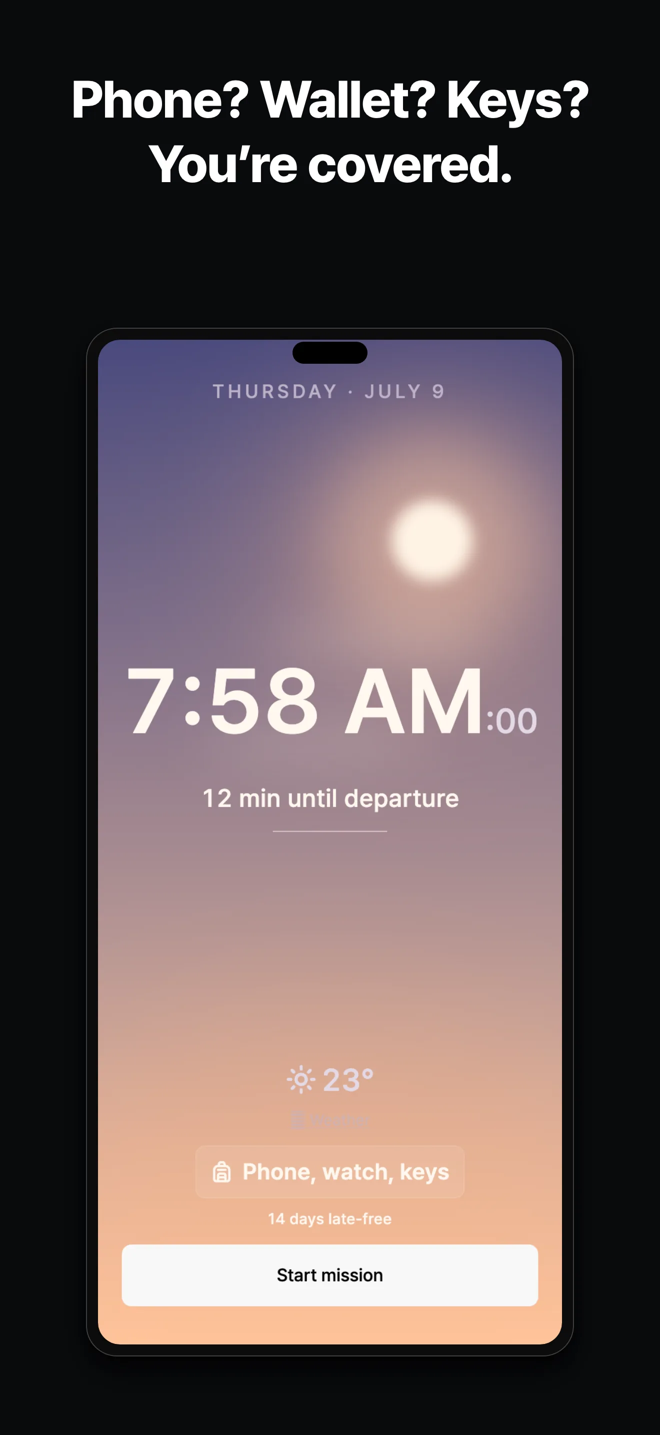The gate screen just before departure — weather, time, one Start mission button.