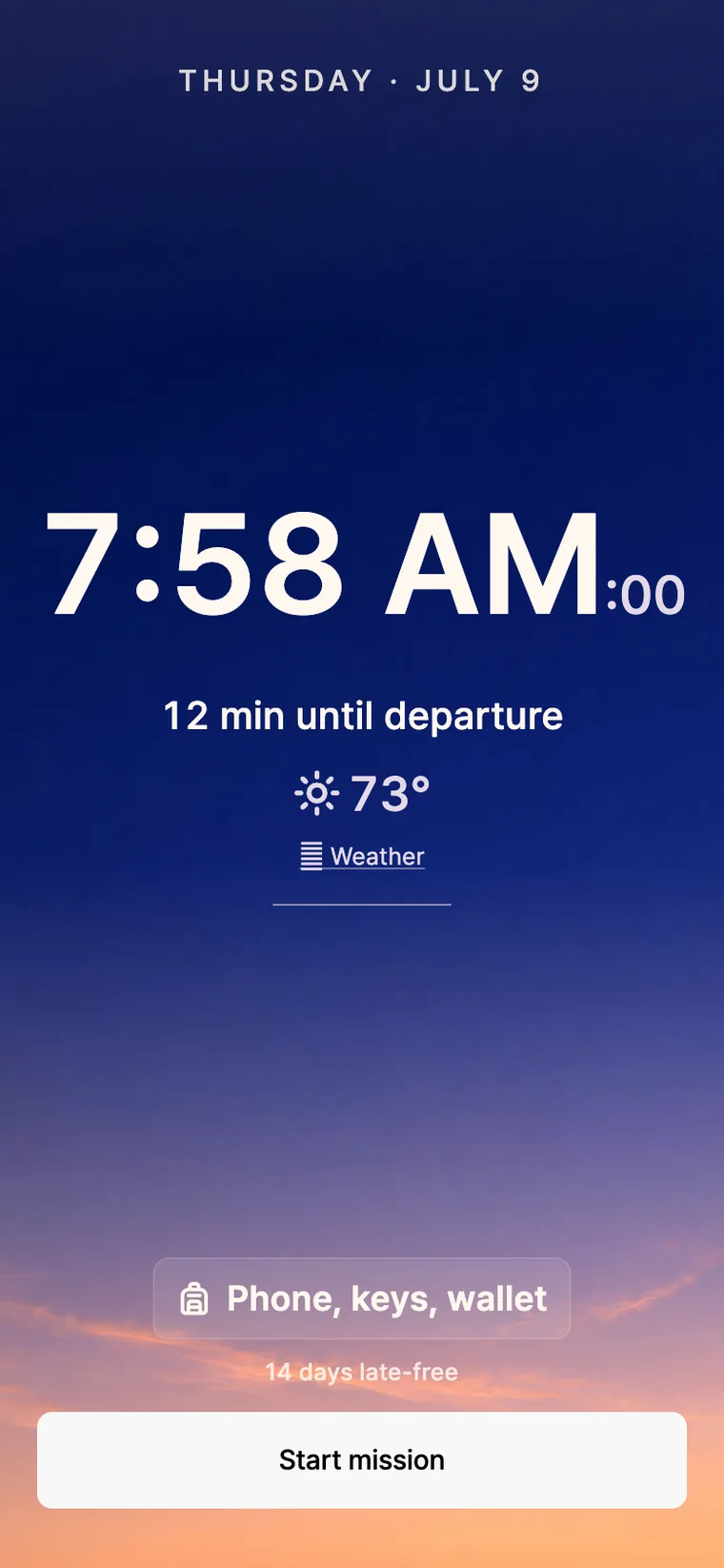 The gate screen on a clear morning: 7:58, 73 degrees, and a door list reading phone, keys, wallet.