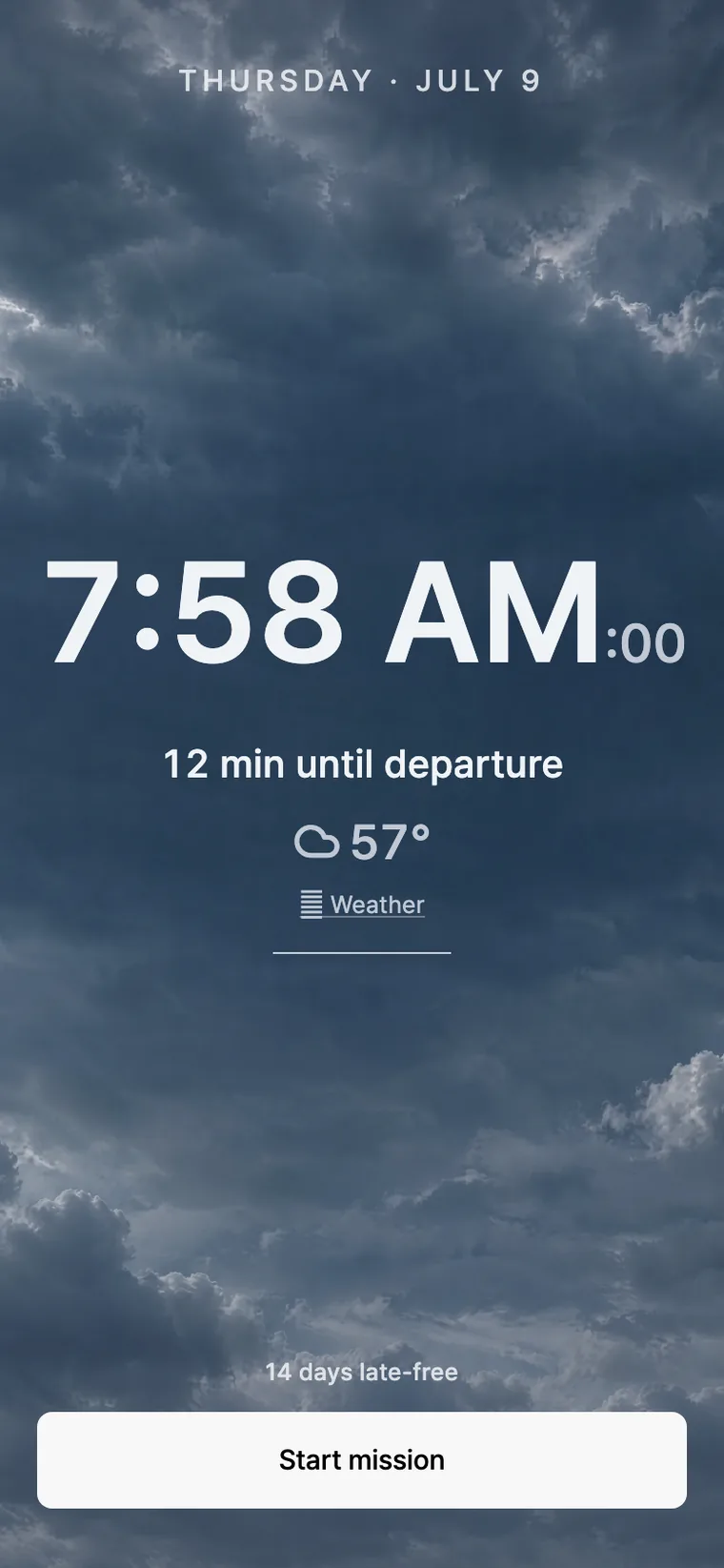 The gate screen under an overcast sky: 57 degrees, twelve minutes until departure.