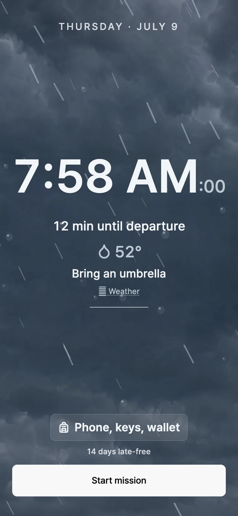 The gate screen in rain: 52 degrees, with a line telling you to bring an umbrella.