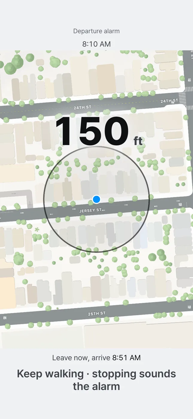 The Run Late mission screen: a live GPS map with a 150-foot ring around your home, counting down as you walk.